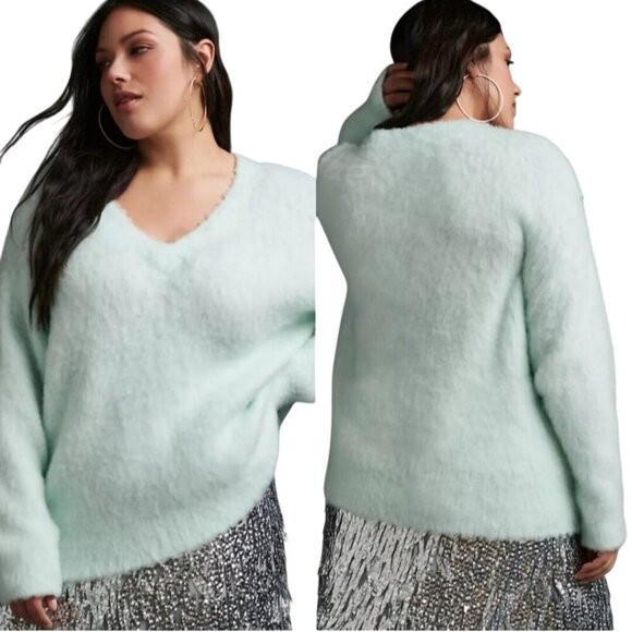 Anthropologie Maeve Plush V-neck Sweater Mint Green Fluffy Cozy Oversized Size S - Picture 4 of 10